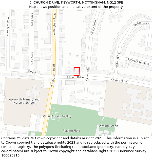 5, CHURCH DRIVE, KEYWORTH, NOTTINGHAM, NG12 5FE: Location map and indicative extent of plot