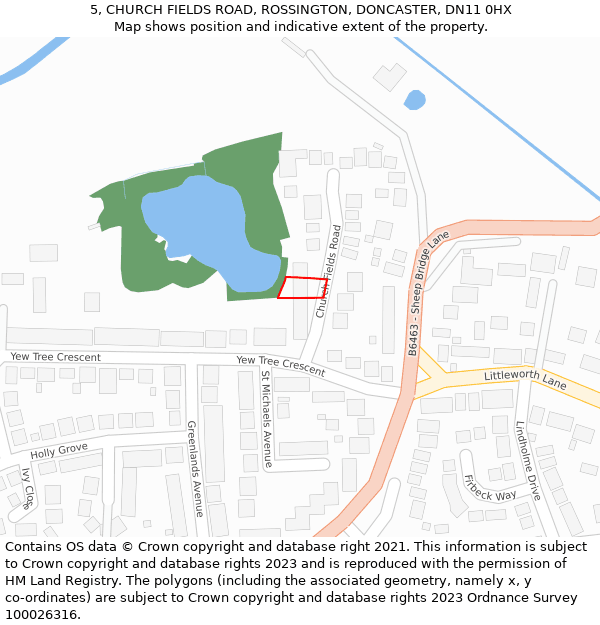 5, CHURCH FIELDS ROAD, ROSSINGTON, DONCASTER, DN11 0HX: Location map and indicative extent of plot