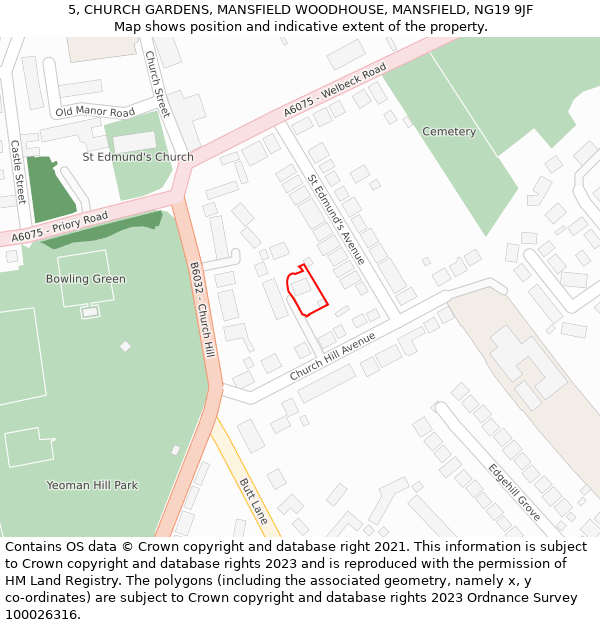5, CHURCH GARDENS, MANSFIELD WOODHOUSE, MANSFIELD, NG19 9JF: Location map and indicative extent of plot