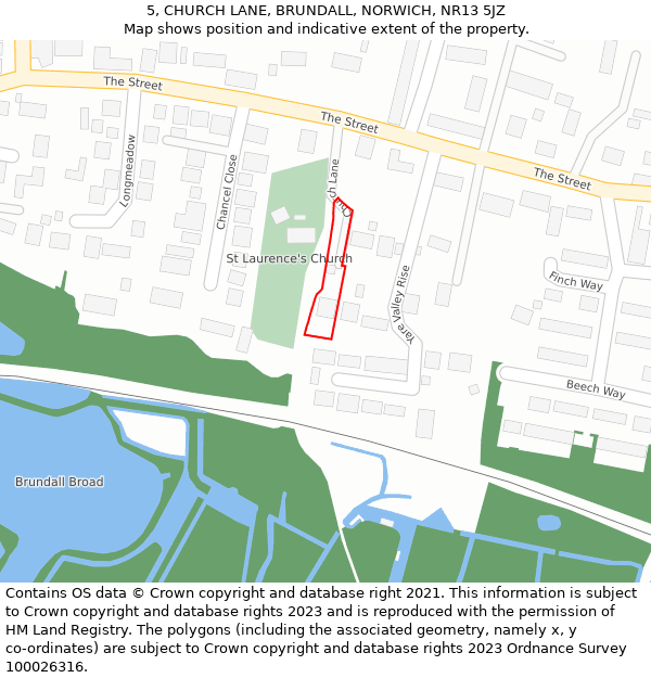 5, CHURCH LANE, BRUNDALL, NORWICH, NR13 5JZ: Location map and indicative extent of plot