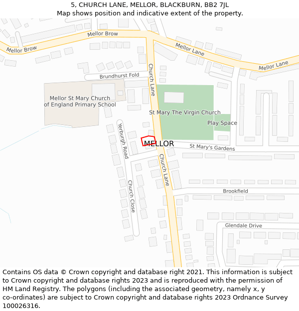 5, CHURCH LANE, MELLOR, BLACKBURN, BB2 7JL: Location map and indicative extent of plot