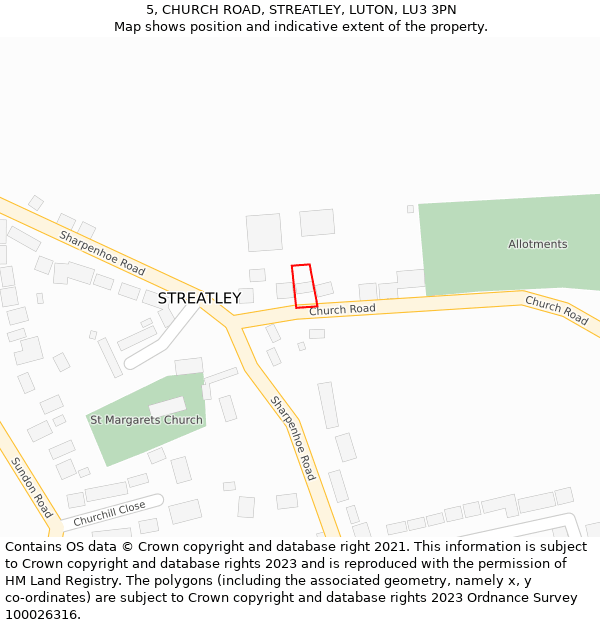5, CHURCH ROAD, STREATLEY, LUTON, LU3 3PN: Location map and indicative extent of plot