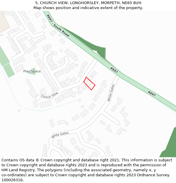 5, CHURCH VIEW, LONGHORSLEY, MORPETH, NE65 8UH: Location map and indicative extent of plot