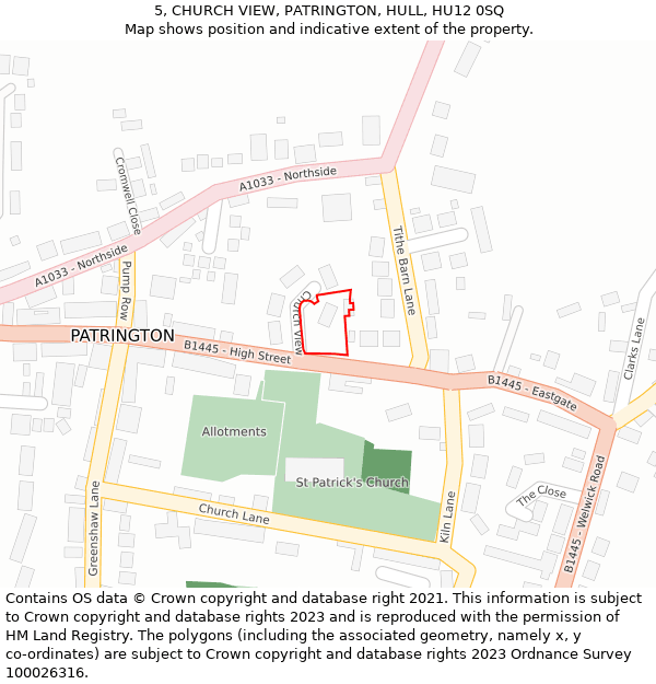 5, CHURCH VIEW, PATRINGTON, HULL, HU12 0SQ: Location map and indicative extent of plot