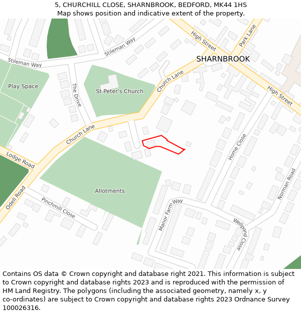 5, CHURCHILL CLOSE, SHARNBROOK, BEDFORD, MK44 1HS: Location map and indicative extent of plot