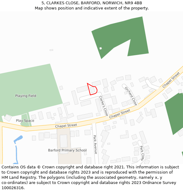 5, CLARKES CLOSE, BARFORD, NORWICH, NR9 4BB: Location map and indicative extent of plot