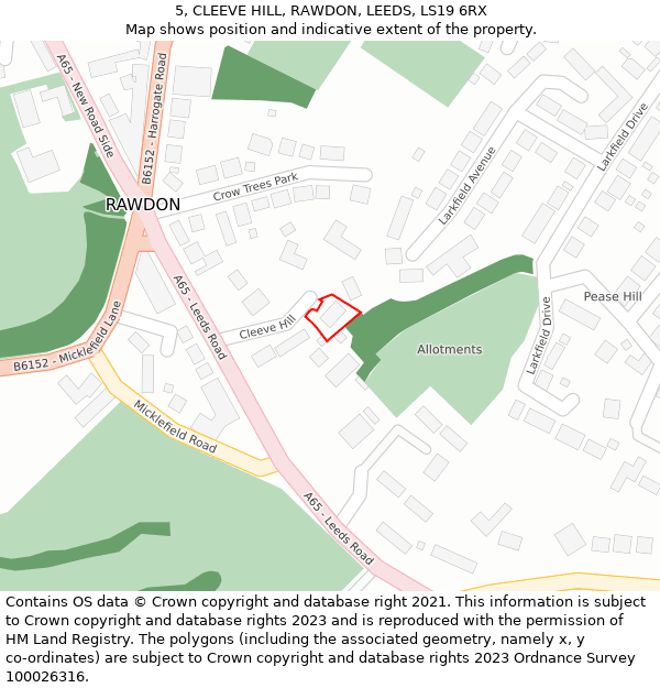 5, CLEEVE HILL, RAWDON, LEEDS, LS19 6RX: Location map and indicative extent of plot