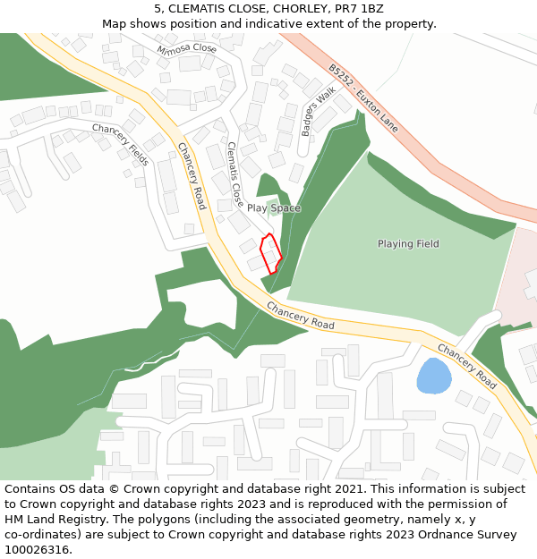 5, CLEMATIS CLOSE, CHORLEY, PR7 1BZ: Location map and indicative extent of plot