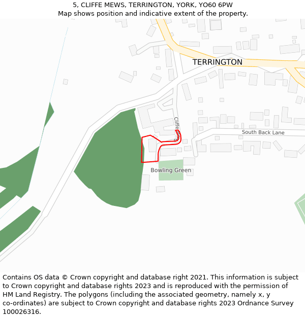 5, CLIFFE MEWS, TERRINGTON, YORK, YO60 6PW: Location map and indicative extent of plot