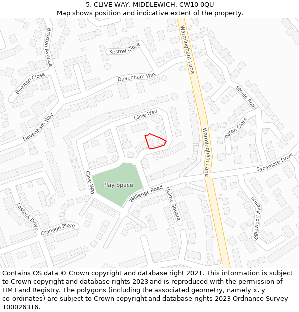 5, CLIVE WAY, MIDDLEWICH, CW10 0QU: Location map and indicative extent of plot