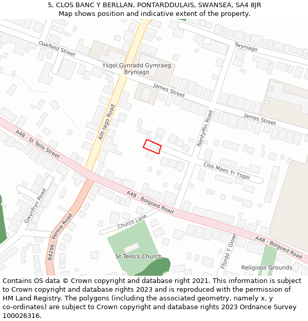 5, CLOS BANC Y BERLLAN, PONTARDDULAIS, SWANSEA, SA4 8JR: Location map and indicative extent of plot