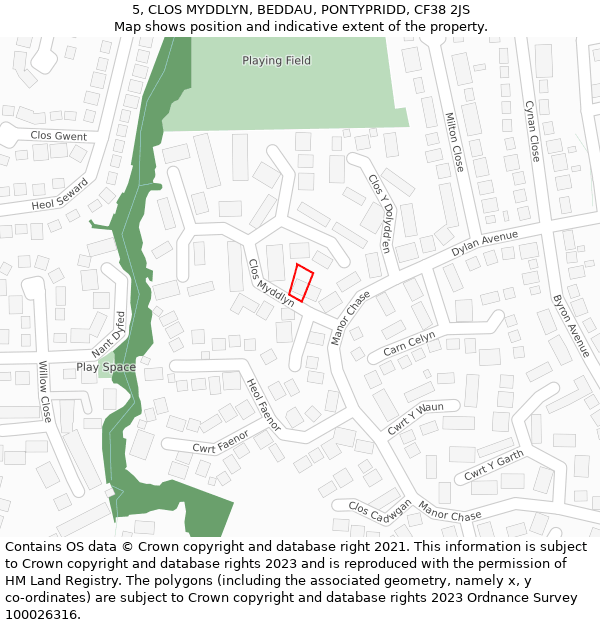 5, CLOS MYDDLYN, BEDDAU, PONTYPRIDD, CF38 2JS: Location map and indicative extent of plot