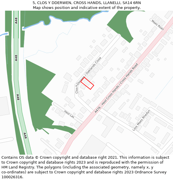 5, CLOS Y DDERWEN, CROSS HANDS, LLANELLI, SA14 6RN: Location map and indicative extent of plot