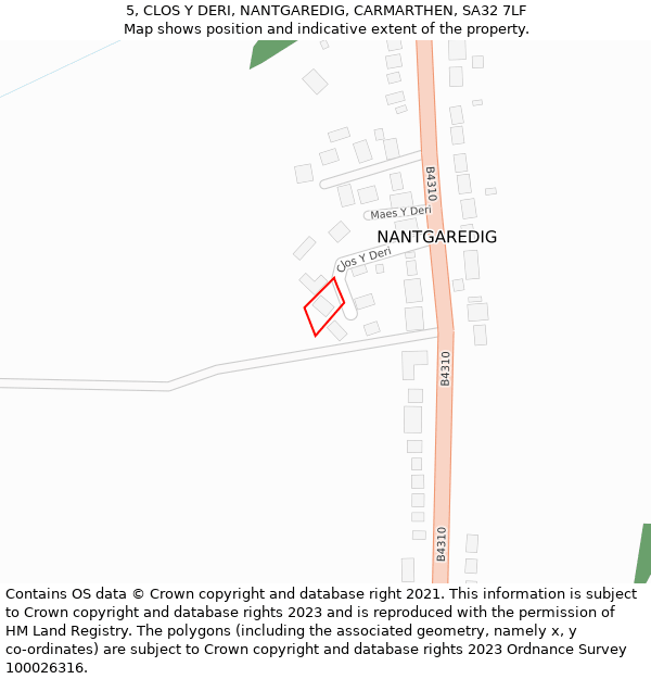 5, CLOS Y DERI, NANTGAREDIG, CARMARTHEN, SA32 7LF: Location map and indicative extent of plot