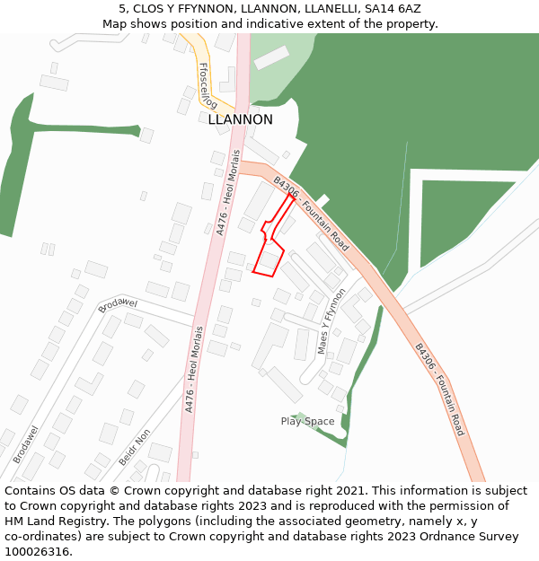 5, CLOS Y FFYNNON, LLANNON, LLANELLI, SA14 6AZ: Location map and indicative extent of plot