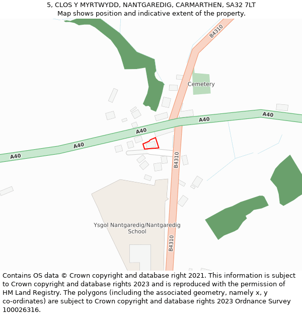 5, CLOS Y MYRTWYDD, NANTGAREDIG, CARMARTHEN, SA32 7LT: Location map and indicative extent of plot