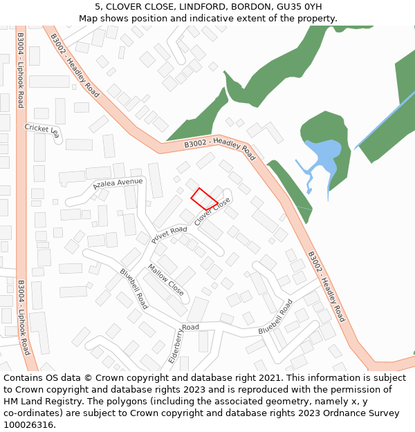 5, CLOVER CLOSE, LINDFORD, BORDON, GU35 0YH: Location map and indicative extent of plot