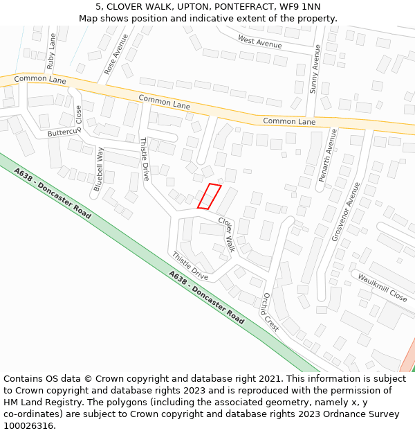 5, CLOVER WALK, UPTON, PONTEFRACT, WF9 1NN: Location map and indicative extent of plot