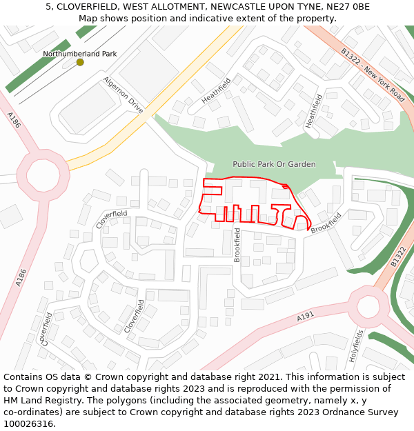 5, CLOVERFIELD, WEST ALLOTMENT, NEWCASTLE UPON TYNE, NE27 0BE: Location map and indicative extent of plot