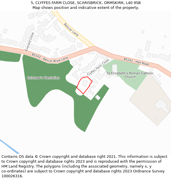 5, CLYFFES FARM CLOSE, SCARISBRICK, ORMSKIRK, L40 9SB: Location map and indicative extent of plot