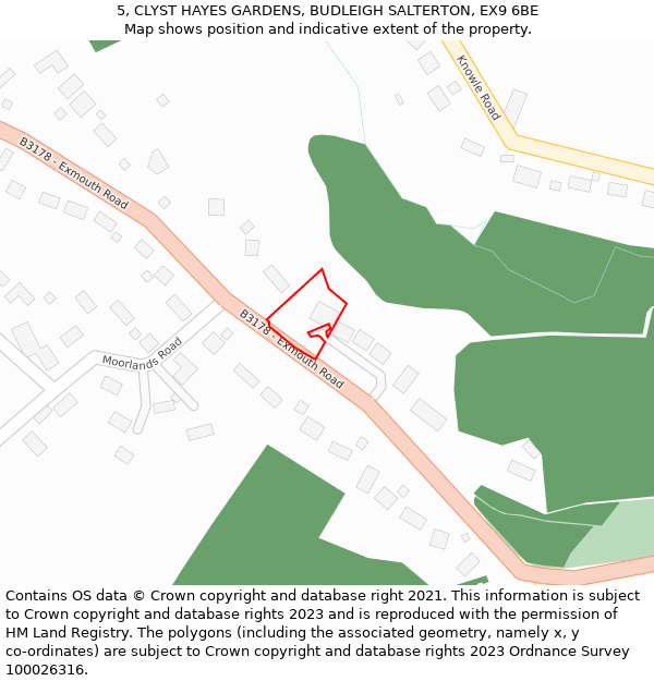 5, CLYST HAYES GARDENS, BUDLEIGH SALTERTON, EX9 6BE: Location map and indicative extent of plot