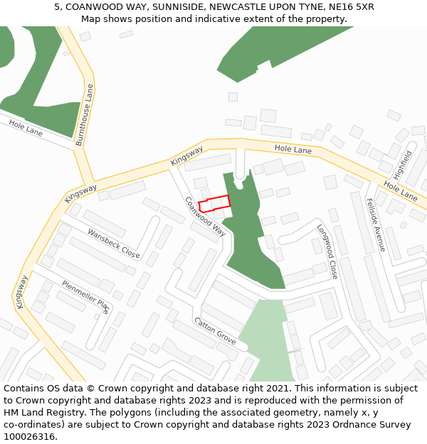 5, COANWOOD WAY, SUNNISIDE, NEWCASTLE UPON TYNE, NE16 5XR: Location map and indicative extent of plot