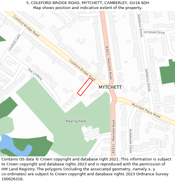 5, COLEFORD BRIDGE ROAD, MYTCHETT, CAMBERLEY, GU16 6DH: Location map and indicative extent of plot