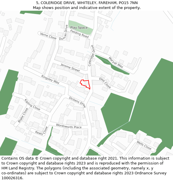 5, COLERIDGE DRIVE, WHITELEY, FAREHAM, PO15 7NN: Location map and indicative extent of plot