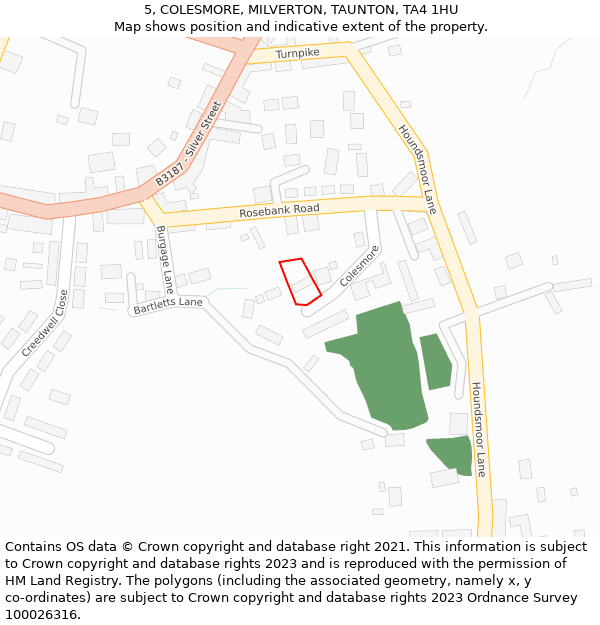 5, COLESMORE, MILVERTON, TAUNTON, TA4 1HU: Location map and indicative extent of plot