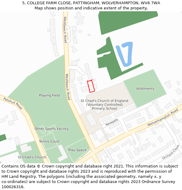 5, COLLEGE FARM CLOSE, PATTINGHAM, WOLVERHAMPTON, WV6 7WA: Location map and indicative extent of plot