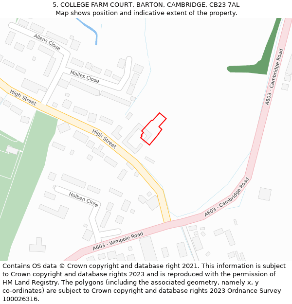 5, COLLEGE FARM COURT, BARTON, CAMBRIDGE, CB23 7AL: Location map and indicative extent of plot