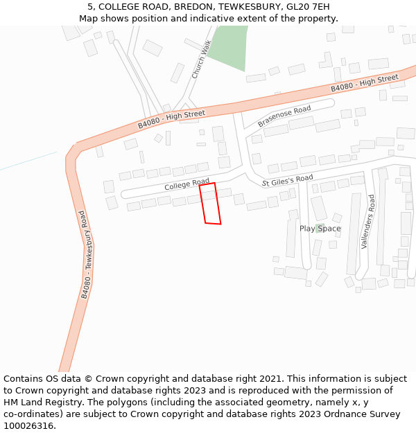 5, COLLEGE ROAD, BREDON, TEWKESBURY, GL20 7EH: Location map and indicative extent of plot