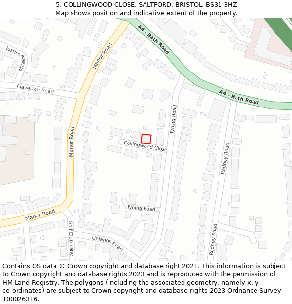 5, COLLINGWOOD CLOSE, SALTFORD, BRISTOL, BS31 3HZ: Location map and indicative extent of plot