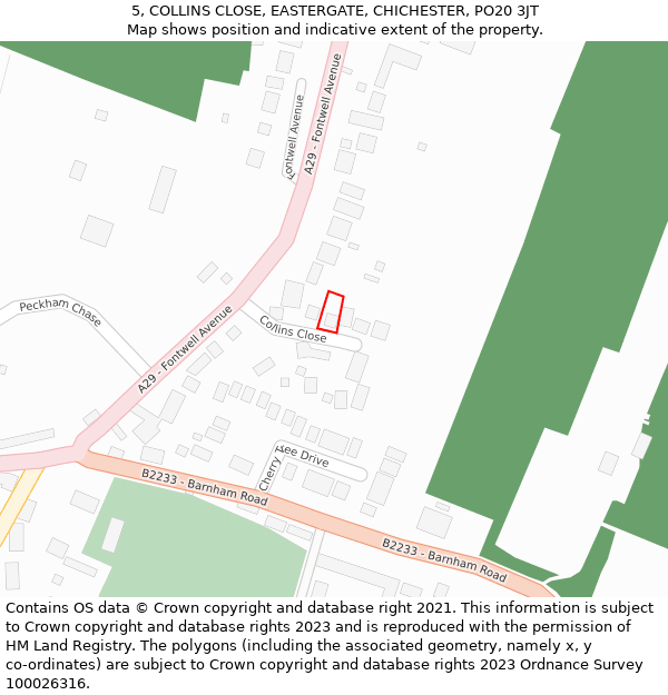 5, COLLINS CLOSE, EASTERGATE, CHICHESTER, PO20 3JT: Location map and indicative extent of plot