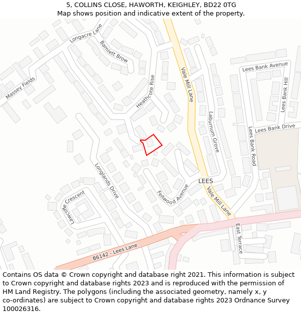 5, COLLINS CLOSE, HAWORTH, KEIGHLEY, BD22 0TG: Location map and indicative extent of plot