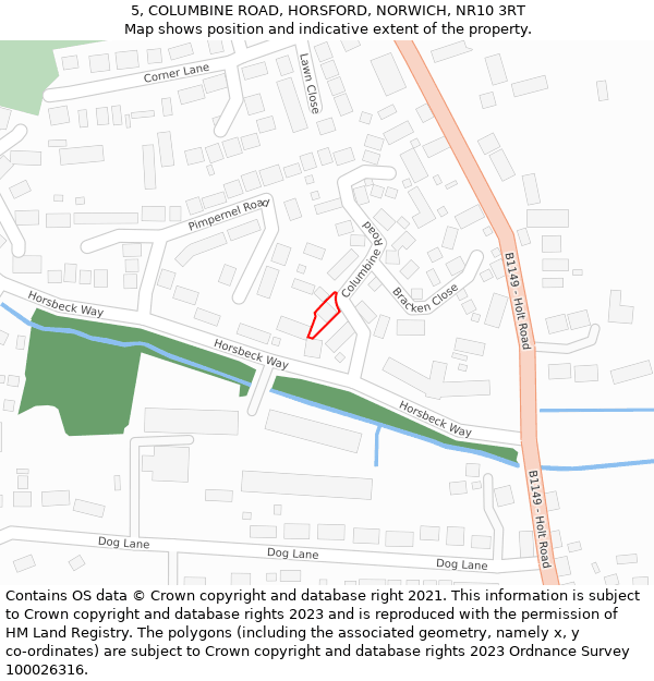 5, COLUMBINE ROAD, HORSFORD, NORWICH, NR10 3RT: Location map and indicative extent of plot