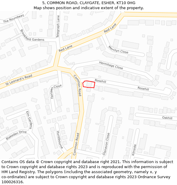 5, COMMON ROAD, CLAYGATE, ESHER, KT10 0HG: Location map and indicative extent of plot