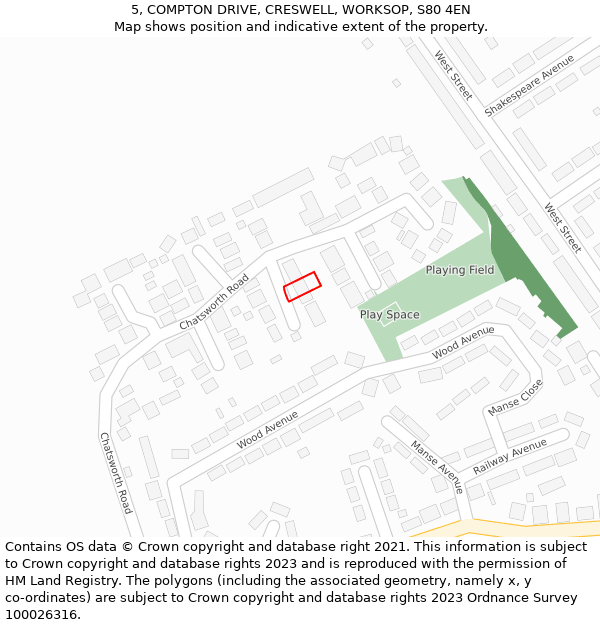 5, COMPTON DRIVE, CRESWELL, WORKSOP, S80 4EN: Location map and indicative extent of plot