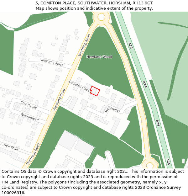 5, COMPTON PLACE, SOUTHWATER, HORSHAM, RH13 9GT: Location map and indicative extent of plot