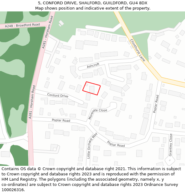 5, CONFORD DRIVE, SHALFORD, GUILDFORD, GU4 8DX: Location map and indicative extent of plot