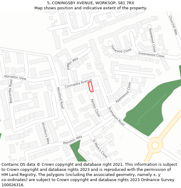 5, CONINGSBY AVENUE, WORKSOP, S81 7RX: Location map and indicative extent of plot