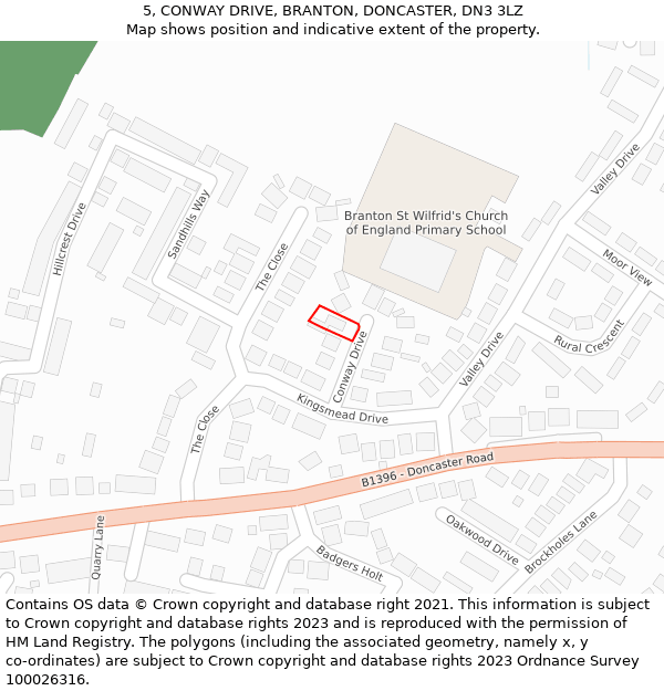 5, CONWAY DRIVE, BRANTON, DONCASTER, DN3 3LZ: Location map and indicative extent of plot