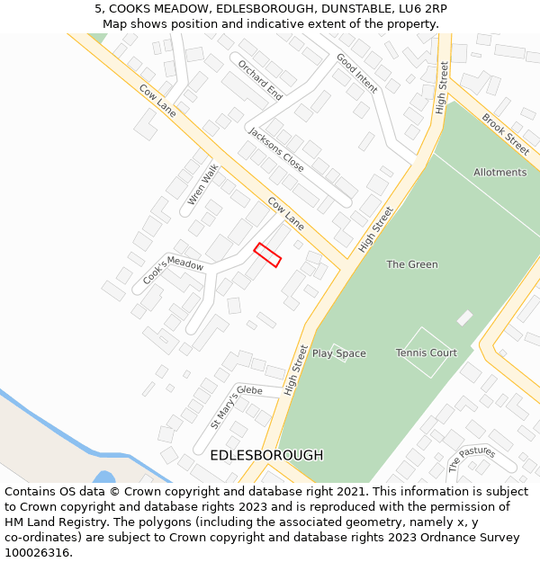 5, COOKS MEADOW, EDLESBOROUGH, DUNSTABLE, LU6 2RP: Location map and indicative extent of plot