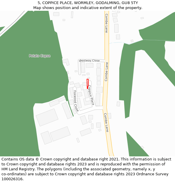 5, COPPICE PLACE, WORMLEY, GODALMING, GU8 5TY: Location map and indicative extent of plot