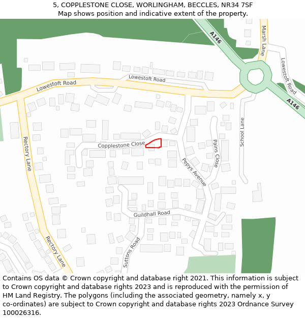 5, COPPLESTONE CLOSE, WORLINGHAM, BECCLES, NR34 7SF: Location map and indicative extent of plot