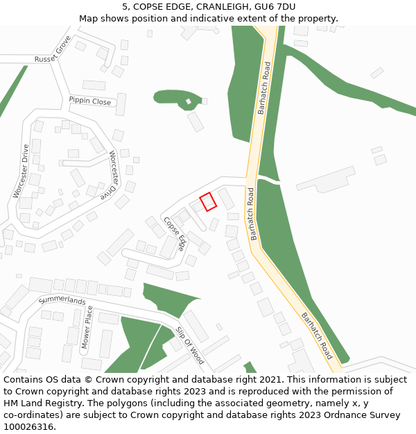 5, COPSE EDGE, CRANLEIGH, GU6 7DU: Location map and indicative extent of plot