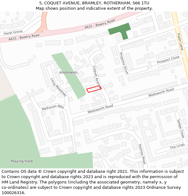 5, COQUET AVENUE, BRAMLEY, ROTHERHAM, S66 1TU: Location map and indicative extent of plot