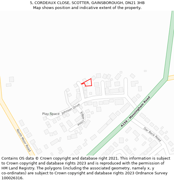 5, CORDEAUX CLOSE, SCOTTER, GAINSBOROUGH, DN21 3HB: Location map and indicative extent of plot