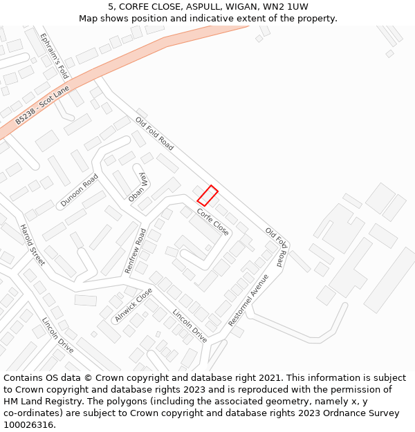 5, CORFE CLOSE, ASPULL, WIGAN, WN2 1UW: Location map and indicative extent of plot