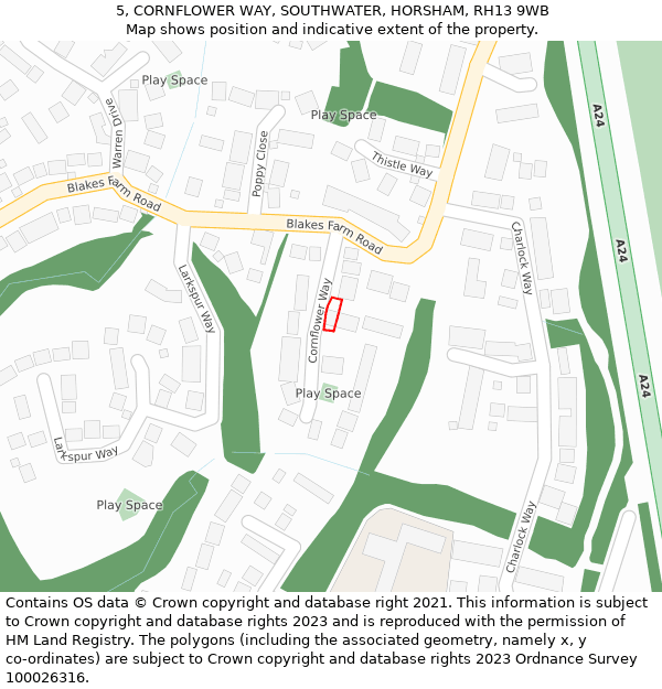 5, CORNFLOWER WAY, SOUTHWATER, HORSHAM, RH13 9WB: Location map and indicative extent of plot